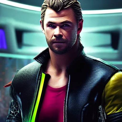 Prompt: chris hemsworth portrait, cyberpunk 2 0 7 7, cyberpunk, photorealistic, ultra detailed, neon, octane, bokeh, cinematic lighting, cyber, cyberpunk city, studio quality, feature, scars, cyberface, 8 k