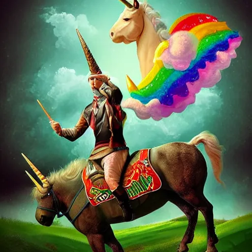 Image similar to pewdiepie riding a unicorn, pointing in the right direction, wearing a crown, green paradise landscape, vivid colors, pastelle, digital art, trending on artstation