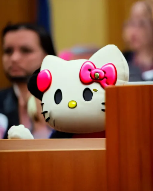 Prompt: Angry Hello Kitty, in a courtroom