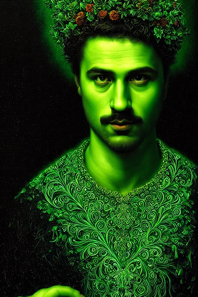 Prompt: bizarre green blacklight detailed renaissance portrait of mario as a highly detailed realistic real life person, dramatic cinematic lighting, 8 k, beautiful intricate painting by james r eads and tomasz alen kopera