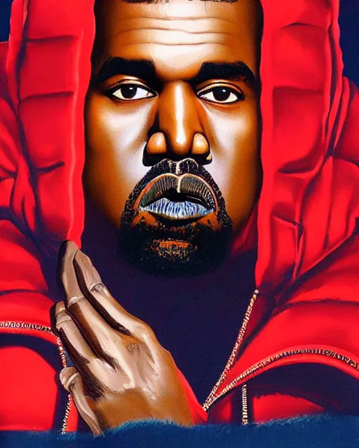 Image similar to kanye west in red puffer jacket, airbrush, drew struzan illustration art, key art, movie poster