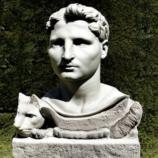 Image similar to the roman emperor augustus mixed with cat sculpture of stanisław szukalski