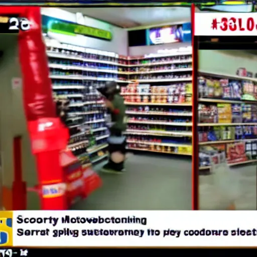 Image similar to security camera footage of a sports mascot knocking items off the shelves in a convenience store