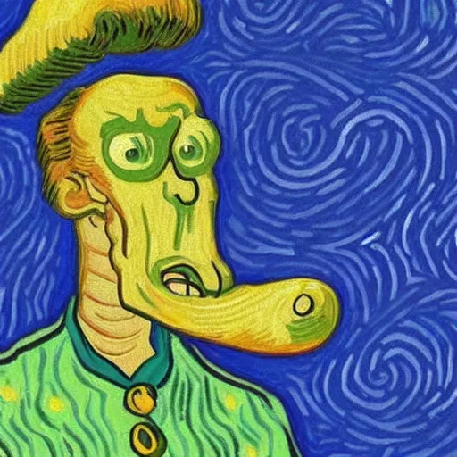 Prompt: handsome squidward portrait, van gogh art style, strong chin, big mouth