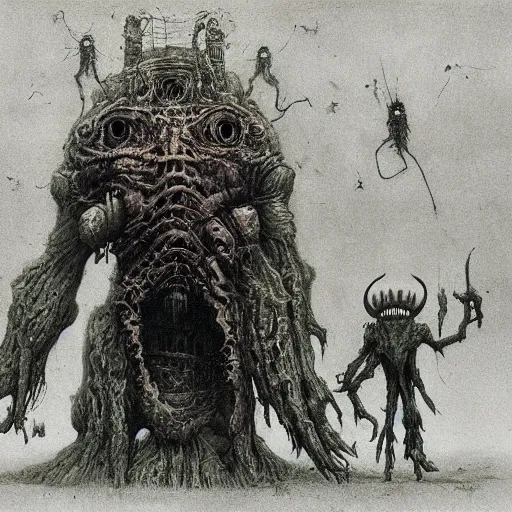 Prompt: goblin recon squad beksinski, eldritch, apocalypse, creepy creature, horror spooky