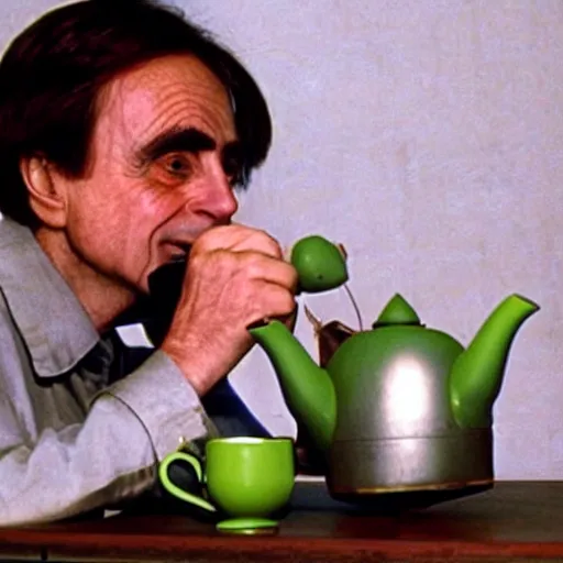 Prompt: carl sagan, green alien, drinking tea in a chinese tea house