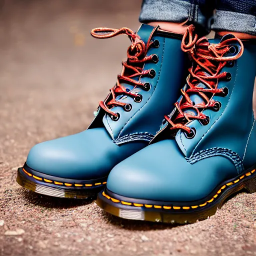Prompt: a battered old pair of Dr martens boots, boots are blue, laces are multicoloured