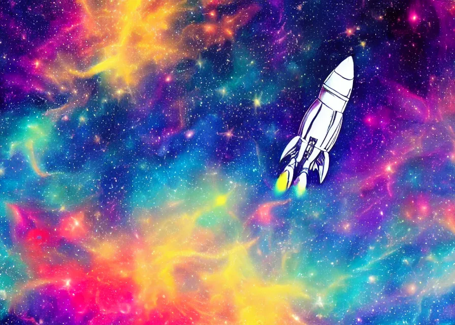 Prompt: rocket ship flying over huge and colorful nebula, pastels