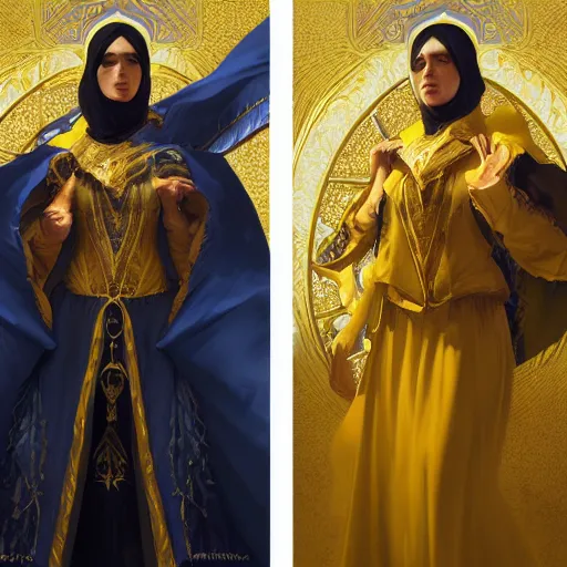Image similar to portrait of a middle - eastern female cleric with straight black hair wearing blue and yellow vestments throwing a fireball, fantasy, highly detailed, digital painting, artstation, concept art, character art, art by greg rutkowski and tyler jacobson and alphonse mucha