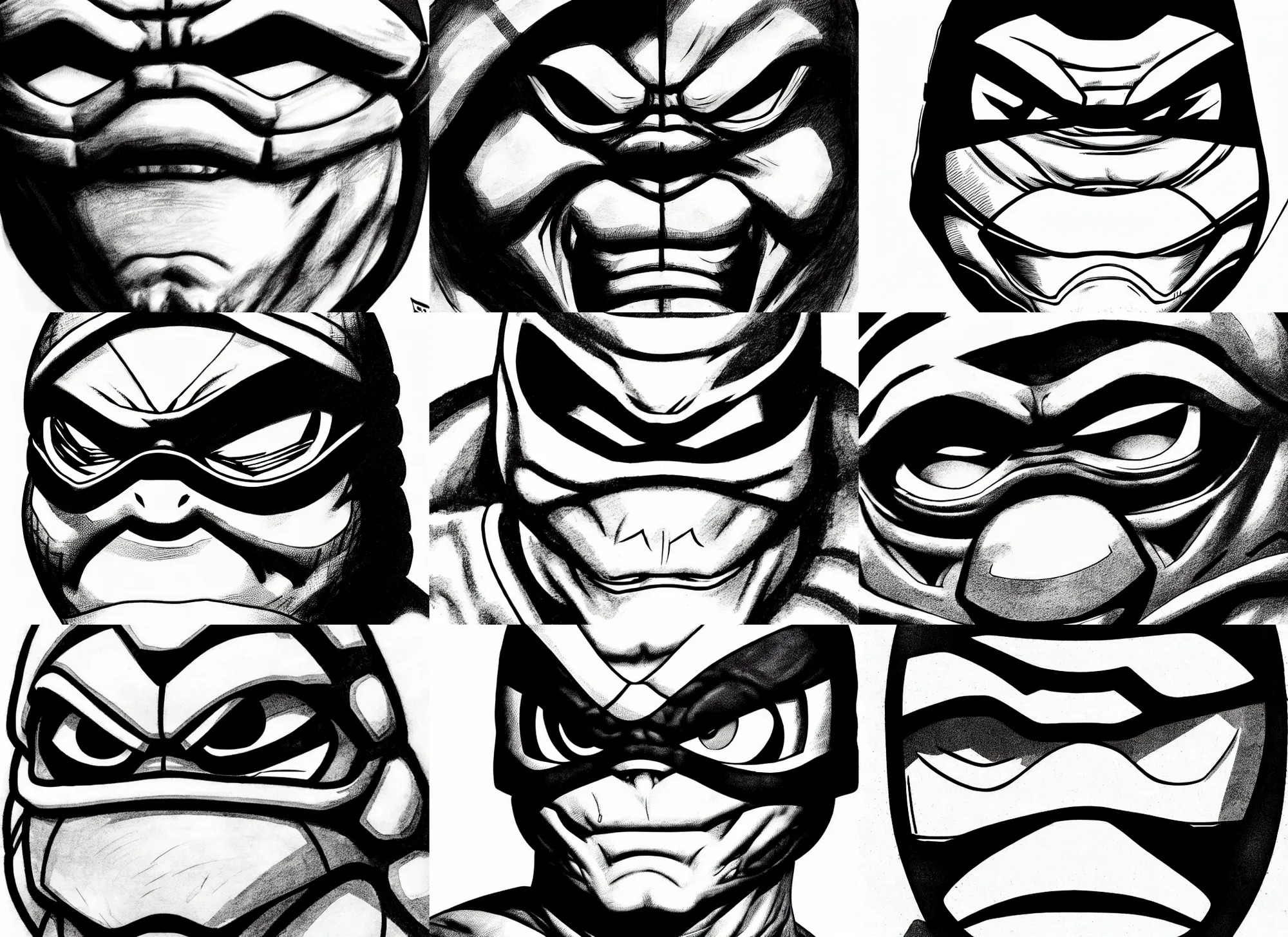 Prompt: anthropomorphic wide head ninja turtle!!! jim lee!!! face macro shot!!! flat! ink sketch grayscale by jim lee close up in the style of jim lee, ninja! battle rugged hulk turtle animal superhero by jim lee