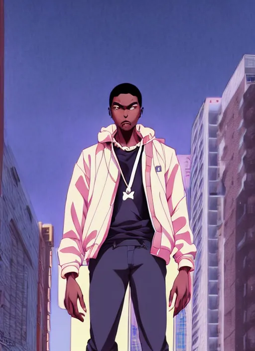 Image similar to handsome hip hop young black man in the city, model pose, sad, anime style, scenery wallpaper aesthetic, pastel colors, symmetrical face, cinematic, dramatic, super detailed and intricate, hyper realistic, 4 k render, by artgerm, by kyoung hwan kim, by ralph mcquarrie, by yoshiyuki tomino