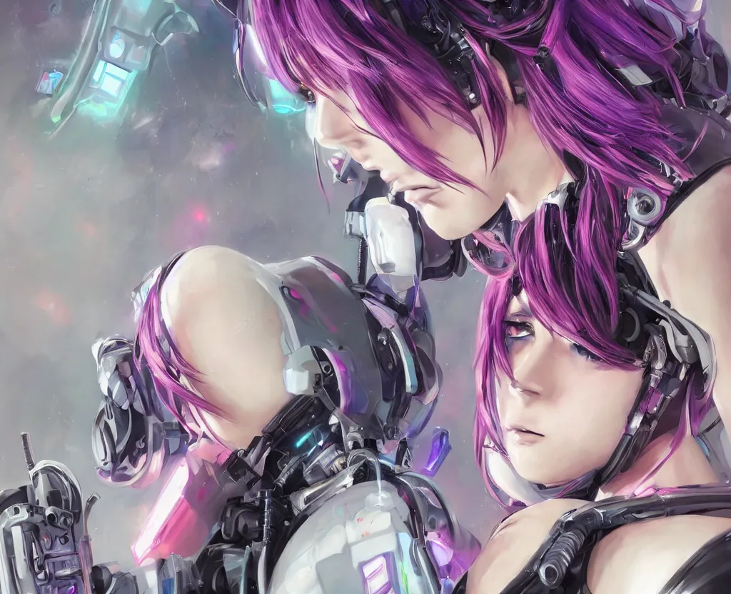 Image similar to A beautiful painting of a cyberpunk anime girl with purple hair and an a huge robot arm sensual stare, Trending on artstation. augmentations and cybernetic enhancements neon circuits, , futuristic, blade runner, detailed, intricate, elegant, highly detailed, digital painting, artstation, concept art, smooth, sharp focus, akira style illustration, art by Krenz Cushart and Artem Demura and Alphonse Mucha ❤️‍🔥 🔥 💀 🤖 🚀