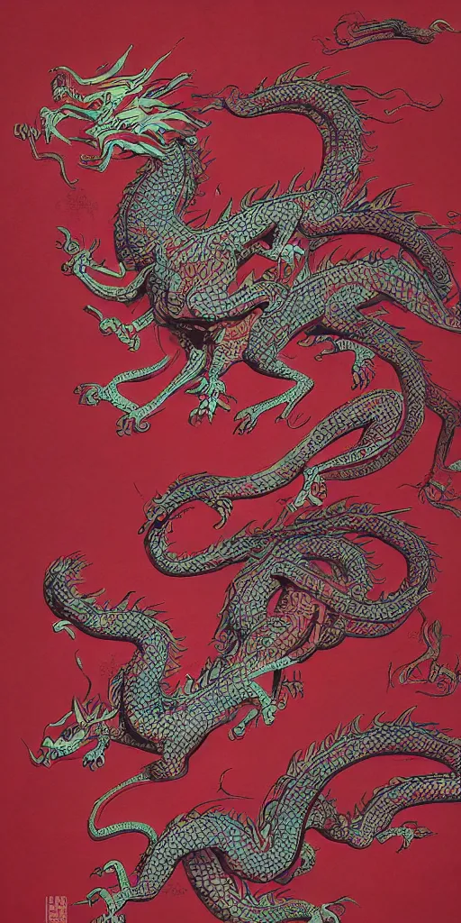 Image similar to a dragon of chinese zodiac composed of traditional chinese patternsby yangqi, by james jean, eyvind earle, zdzislaw beksinski, red and cool colors, dark sunset sky clocor scheme