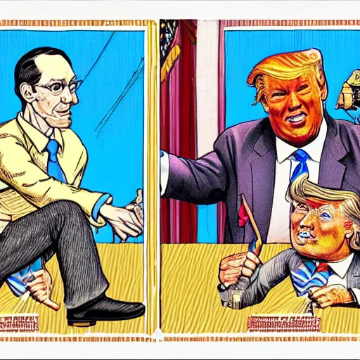 Image similar to !dream The Artwork of R. Crumb and his Cheap Suit Donald Trump and Jared Kushner, pencil and colored marker artwork, trailer-trash lifestyle