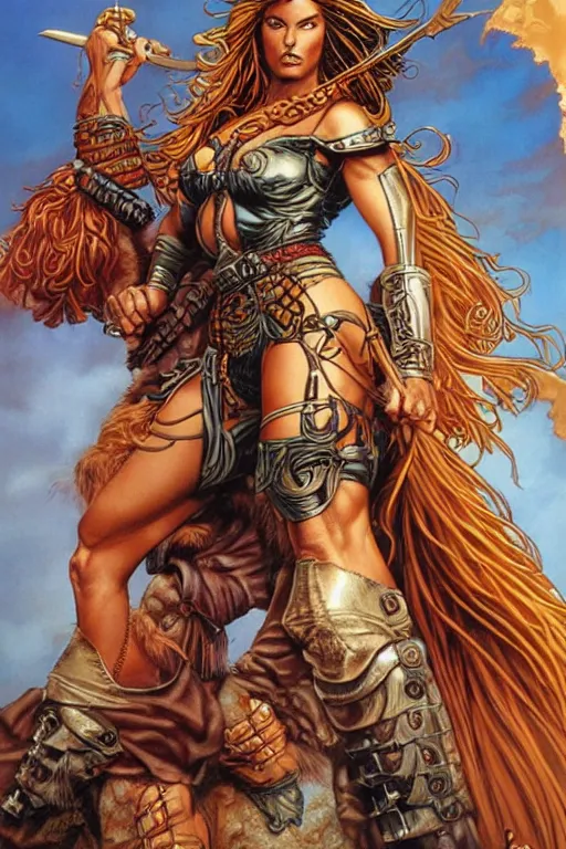 Prompt: A beautiful female warrior by larry Elmore, Jeff easley and Boris Valejo and Julie Bell and ross tran