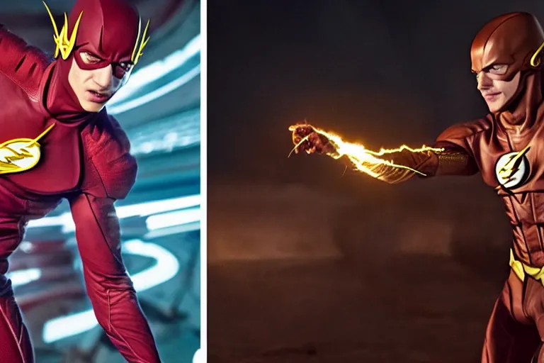 Prompt: a duel between flash ( left ) and ezra miller as flash ( right ), in space, shot on alexa, 3 5 mm cooke, still from a movie, trending on hollywood reporter