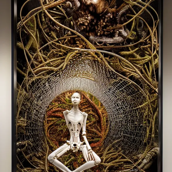 Prompt: symmetric frame from Prometheus, biomechanical gaia, by Neri Oxman and alexander mcqueen metal couture editorial, in mycelium macro mushroom hanging garden by giger by utagawa kuniyoshi by Yuko Shimizu