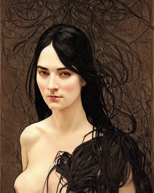 Prompt: portrait of a tall 4 0 - year - old woman with thin lips, long, lush black hair gathered on the head, and thick eyebrows, wearing in black clothes, aristocratic appearance, hyper realistic face, beautiful eyes, close up, fantasy art, in the style of greg rutkowski, intricate, alphonse mucha, hyper detailed, smooth