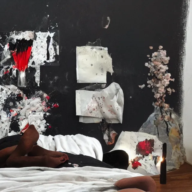 Image similar to bedroom with black walls and a futon, sensual portrait of a woman sleeping, cracked handmade pottery vase, torn paper smouldering smoke, candles, white flowers on the floor, puddle of water, octopus, squashed berries, neo - expressionism, surrealism, acrylic and spray paint and oilstick on canvas