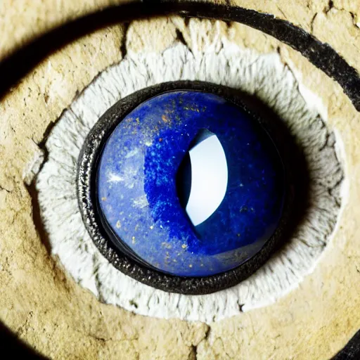 Prompt: medium - shot museum photo of sculpture of a stone eye, thick lapis lazuli, the white limestone sclera, the black stone pupil, studio lighting, professional, promo,