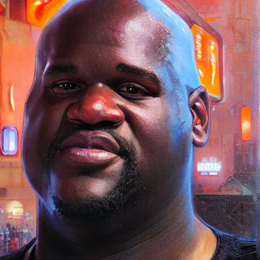 Image similar to shaquille o'neal, hyperrealistic portrait, bladerunner street, art of elysium by jeremy mann and alphonse mucha, fantasy art, photo realistic, dynamic lighting, artstation, poster, volumetric lighting, very detailed face, 4 k, award winning