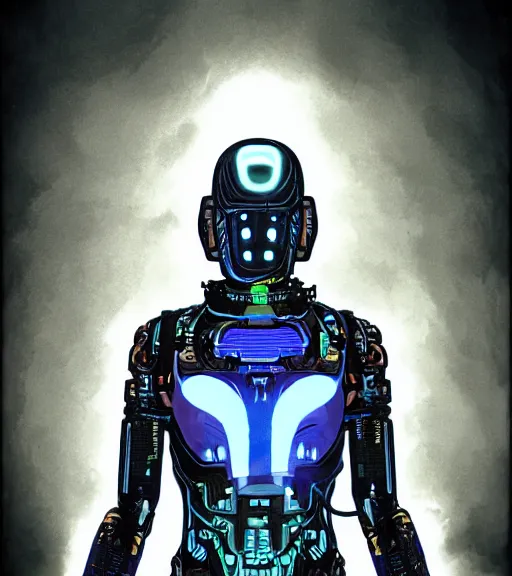 Image similar to cyborg woman with a hologram for a head, techwear, dead space, visible face, Industrial Scifi, detailed illustration, character portrait, by Martin Grip and Moebius