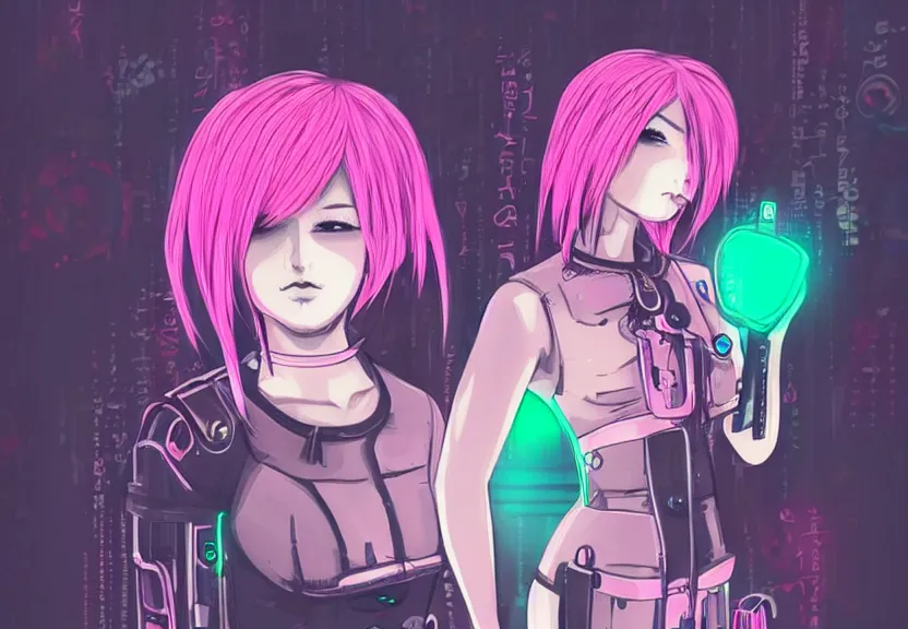 Image similar to little android girl with eccentric pink haircut wearing black feather dress, cyberpunk, anime style artwork, dark, neon, anatomically perfect