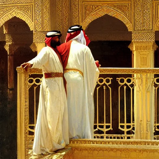 Prompt: attractive arab king confesses his love for his attractive male prince, in balcony of palace, above river. highly detailed painting by gaston bussiere, craig mullins, j. c. leyendecker