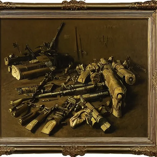 Image similar to Still life of a combat mech surrounded by its weapons, by Henri Fantin-Latour