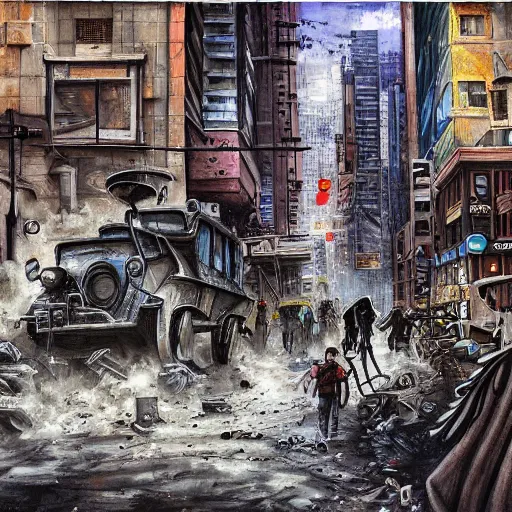 Prompt: the streets of a dystopian city, highly detailed painting