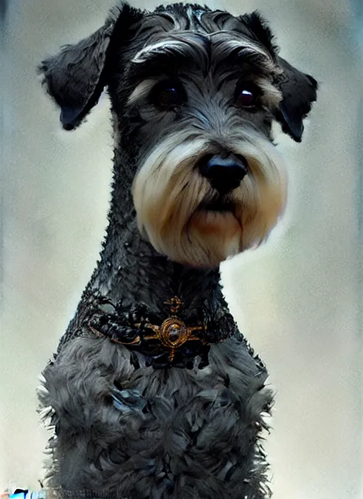 Image similar to portrait of stoic looking miniature schnauzer, black fir, white eyebrows, fantasy, intricate, elegant, highly detailed, digital painting, artstation, concept art, smooth, sharp focus, illustration, art by artgerm and greg rutkowski and alphonse mucha