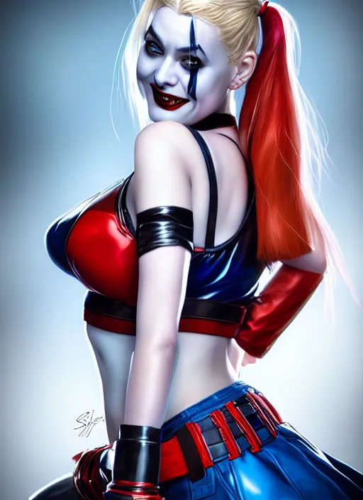 Image similar to high angle photo of harley quinn in the style of stefan kostic, realistic, sharp focus, 8 k high definition, insanely detailed, intricate, elegant, art by stanley lau and artgerm