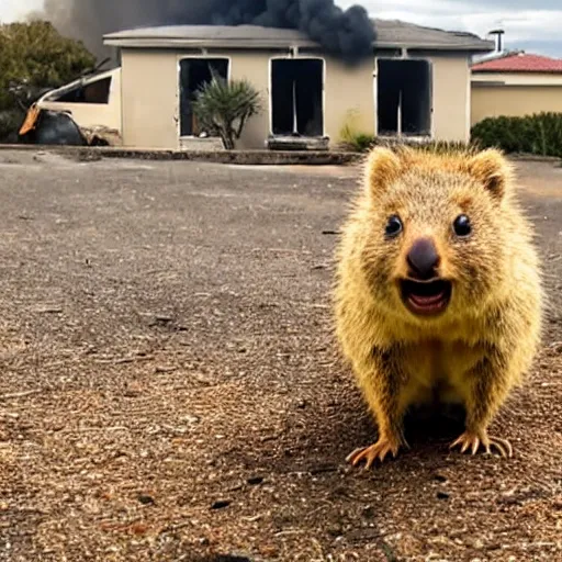 Image similar to a quokka laughing while a house is on fire in the background