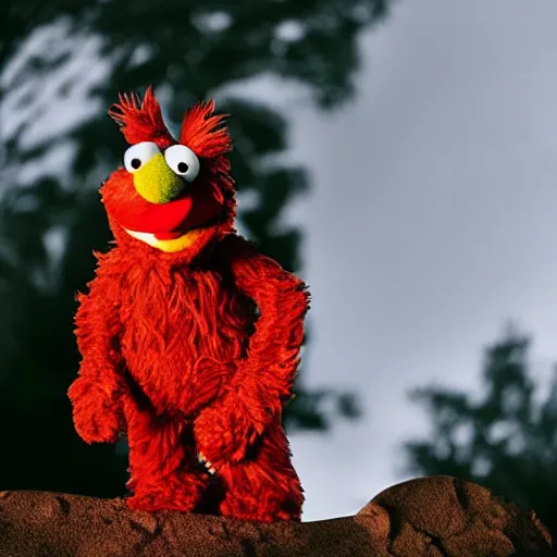 Image similar to a fluffy muppet in the shape of elmo with fluffy soft dark brown fur and with rabbit ears wearing a karate uniform out in nature, photography, photorealistic, muppet, national geohraphic