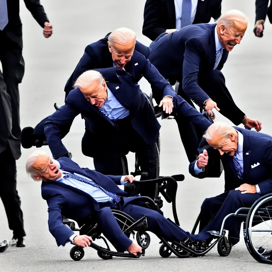 Image similar to joe biden falling off his wheelchair faceplanting on the ground, award winning photo