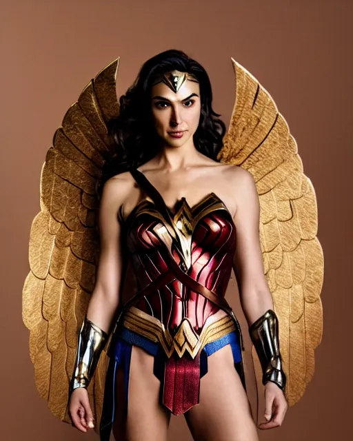 Prompt: full body shots of beautiful actress gal gadot as wonder woman in her golden winged armor - raw, studio lighting, 8 k, photo shoot, 9 inch kershaw soft focus lens f / 5. 6