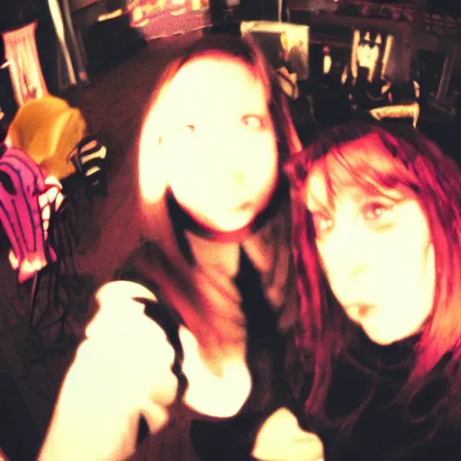 Prompt: a selfie of a woman getting photobombed, fisheye lens photography, with a spooky filter applied, with a figure in the background, in a halloween style.
