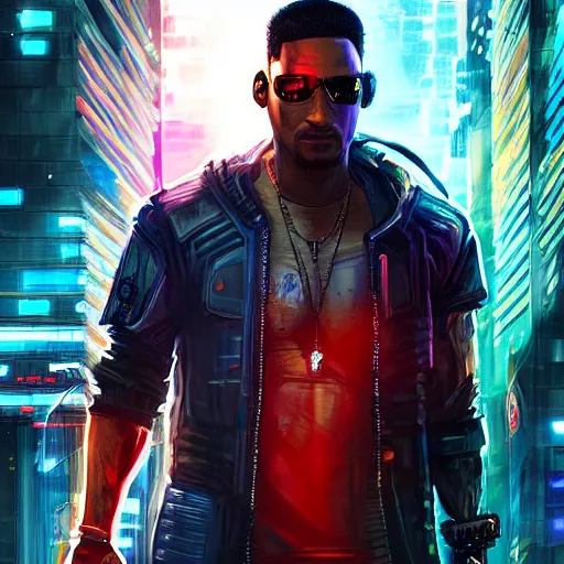 Prompt: cyberpunk will smith character art, epic background, epic composition, hdr, full body gauche painting, arcane art style