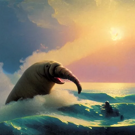 Prompt: Walrus jumping out of the ocean backwards wielding a flamethrower, volumetric lighting, RTX, neon lights, painting by Ivan Aivazovsky