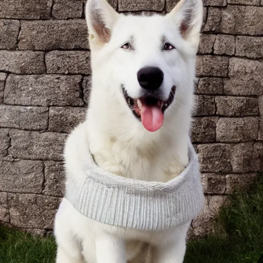 Prompt: a white shepherd wearing a sweater