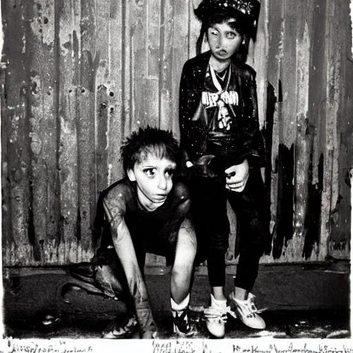 Image similar to night flash color portrait photography of punk kids on the lower east side by diane arbus, colorful!, nighttime!, raining!