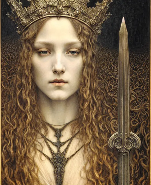 Image similar to detailed realistic beautiful young medieval queen face portrait by jean delville, gustave dore and marco mazzoni, art nouveau, symbolist, visionary, gothic, pre - raphaelite. horizontal symmetry