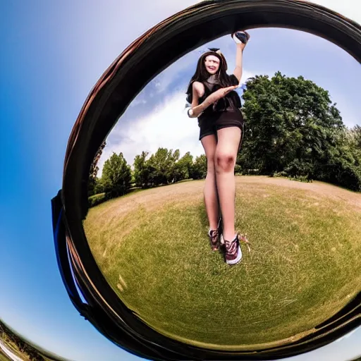 Prompt: person very close to camera, wideangle fisheye lense photography