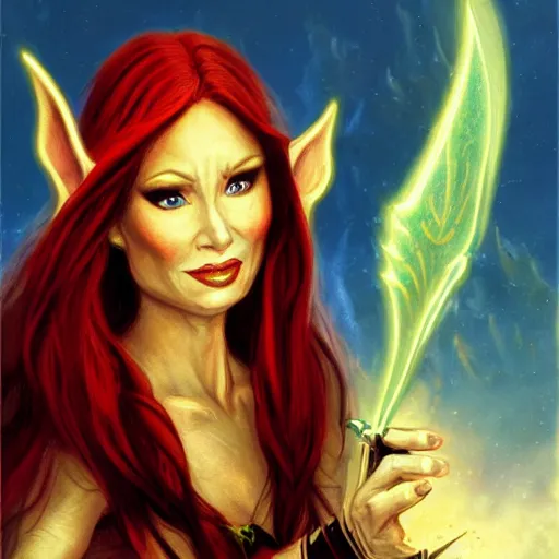 Image similar to Character portrait, face close up: Half Elf Female Celestial Warlock (with imp familiar). Tori Amos avenging angel. In the style of Ralph Horsley