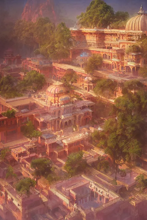 Image similar to old indian city with a breathtaking view of a magnificent maharajah palace at pink dawn, intricate, elegant, volumetric lighting, digital painting, highly detailed, artstation, sharp focus, illustration, concept art, ruan jia, steve mccurry