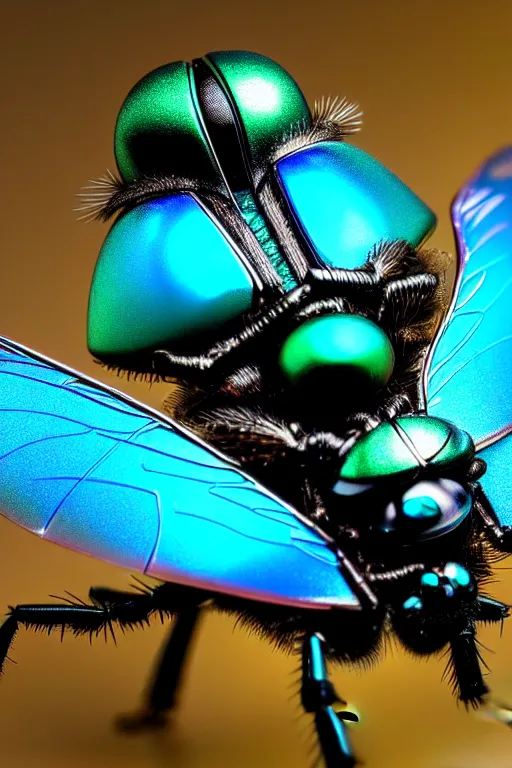 Image similar to high quality macro mecha metallic tachinid fly! gorgeous highly detailed hannah yata elson peter cinematic turquoise lighting high quality low angle hd 8k sharp shallow depth of field