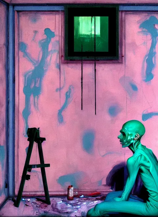 Prompt: a skinny, starving artist wearing overalls, painting the walls inside a deserted chernobyl chamber, hauntingly surreal, highly detailed painting by francis bacon, edward hopper, adrian ghenie, gerhard richter, and james jean, soft light 4 k in pink, green and blue colour palette, science fiction, highly detailed