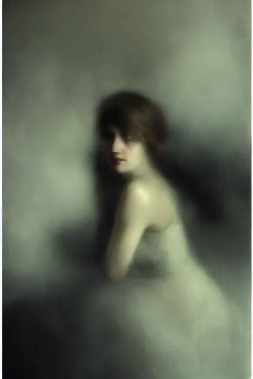 Image similar to detailed cinematic moody colors studio portrait of the memories of a victorian lady with a sensual pose kissing a gentleman with a blurred face high quality by jeremy mann, only one head single portrait