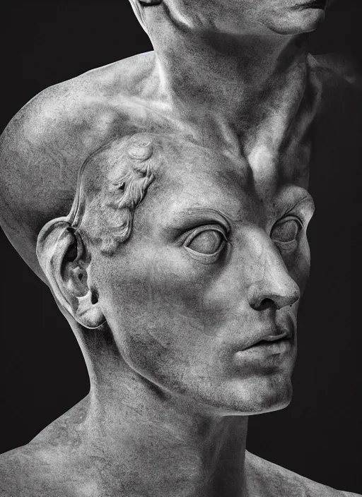 Image similar to portrait of the greek god janus, hyper realistic, silver, cinematic lighting, studio portrait against a black background, modern fine art, fractal, intricate, elegant, highly detailed, digital photography, subsurface scattering, in the style of ghost, by jheronimus bosch and yue minjun and giger and greg rutkowski,
