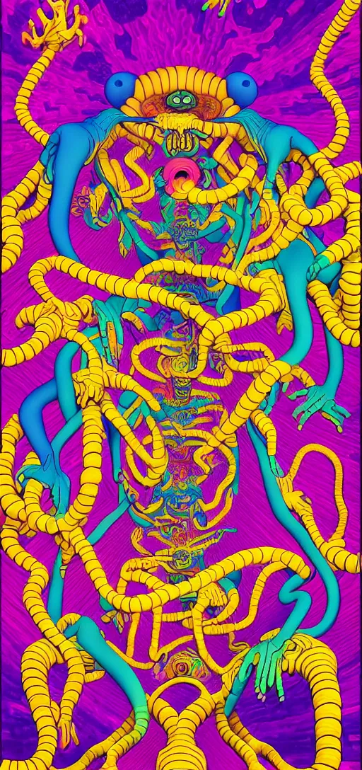 Image similar to dmt creature portraits in the style of kaws, victo ngai, lisa frank, francis goya, basil wolverton, roy litchenstein, mc escher style, dynamic lighting, 8 0 mm photo